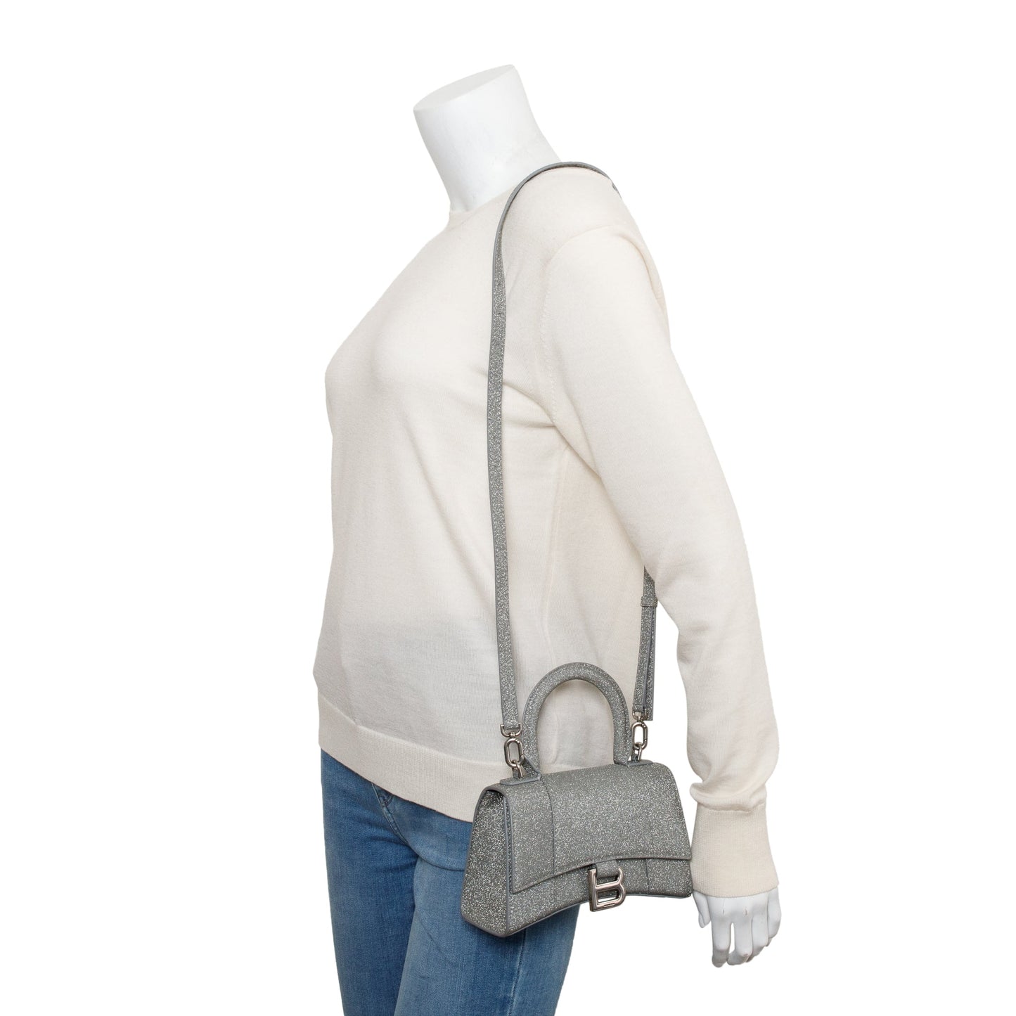 Balenciaga Grey Glitter Fabric XS Hourglass Top Handle Bag