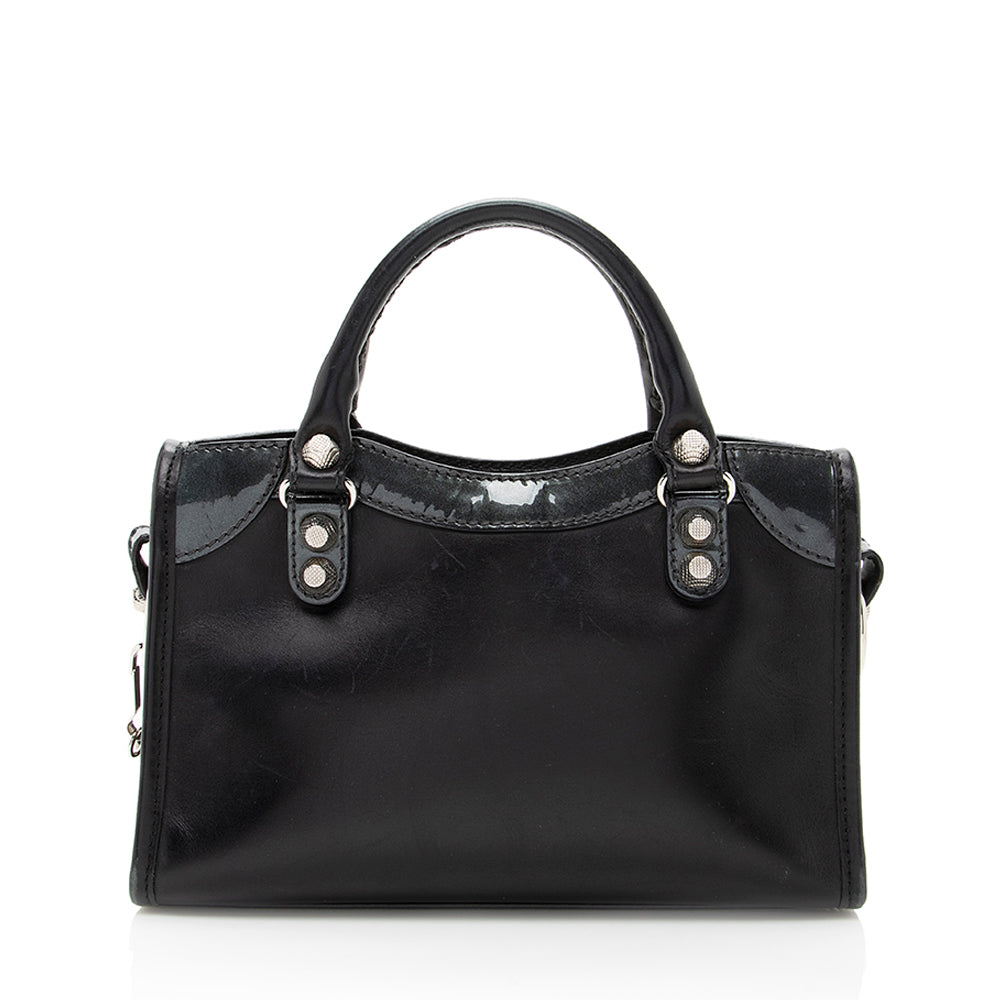 Luxury Balenciaga Trending 2026 Patent Matte Calfskin Metal Edge City Mini Satchel - FINAL SALE (SHF-17574)