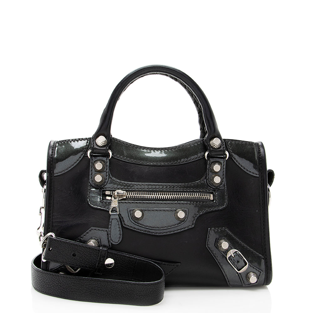 Luxury Balenciaga Trending 2026 Patent Matte Calfskin Metal Edge City Mini Satchel - FINAL SALE (SHF-17574)