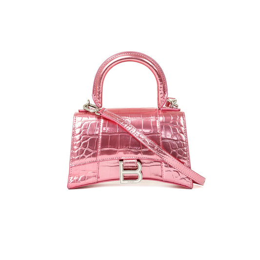 Balenciaga Pink Metallic Croc-Embossed Hourglass XS Top Handle Bag