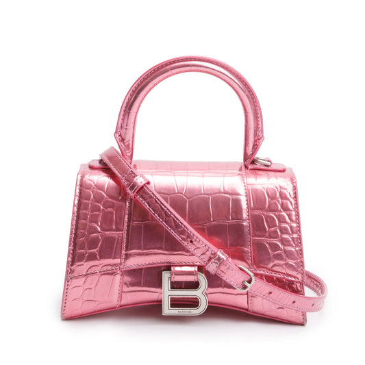 Balenciaga Pink Metallic Croc Embossed XS Hourglass Top Handle Bag