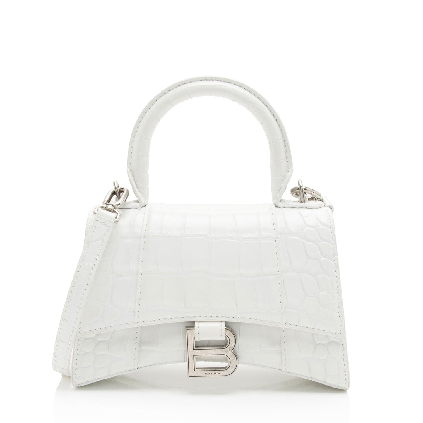 Luxury Balenciaga Trending 2026 Shiny Croc Embossed Calfskin Hourglass XS Top Handle (SHF-phP4Bs)