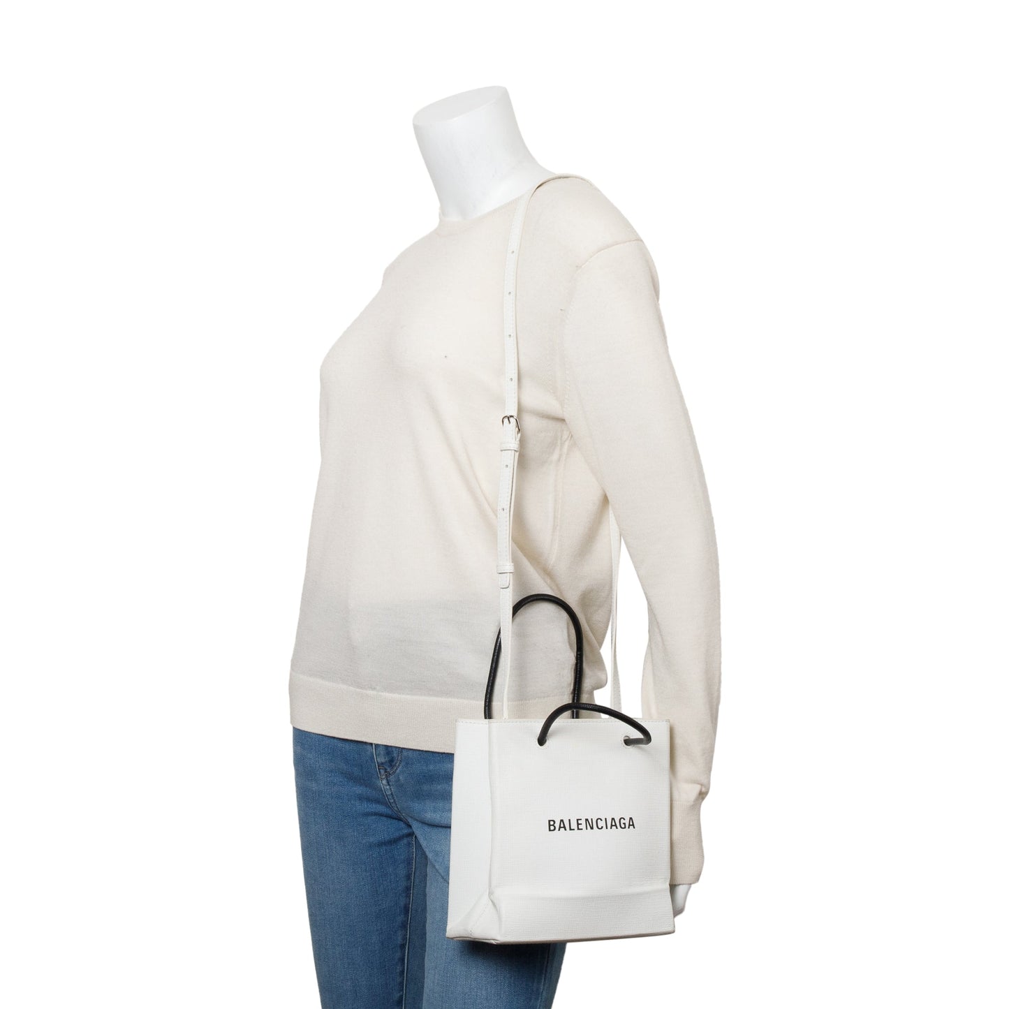 Balenciaga White Calfskin Leather XXS Logo Leather Shopping Tote