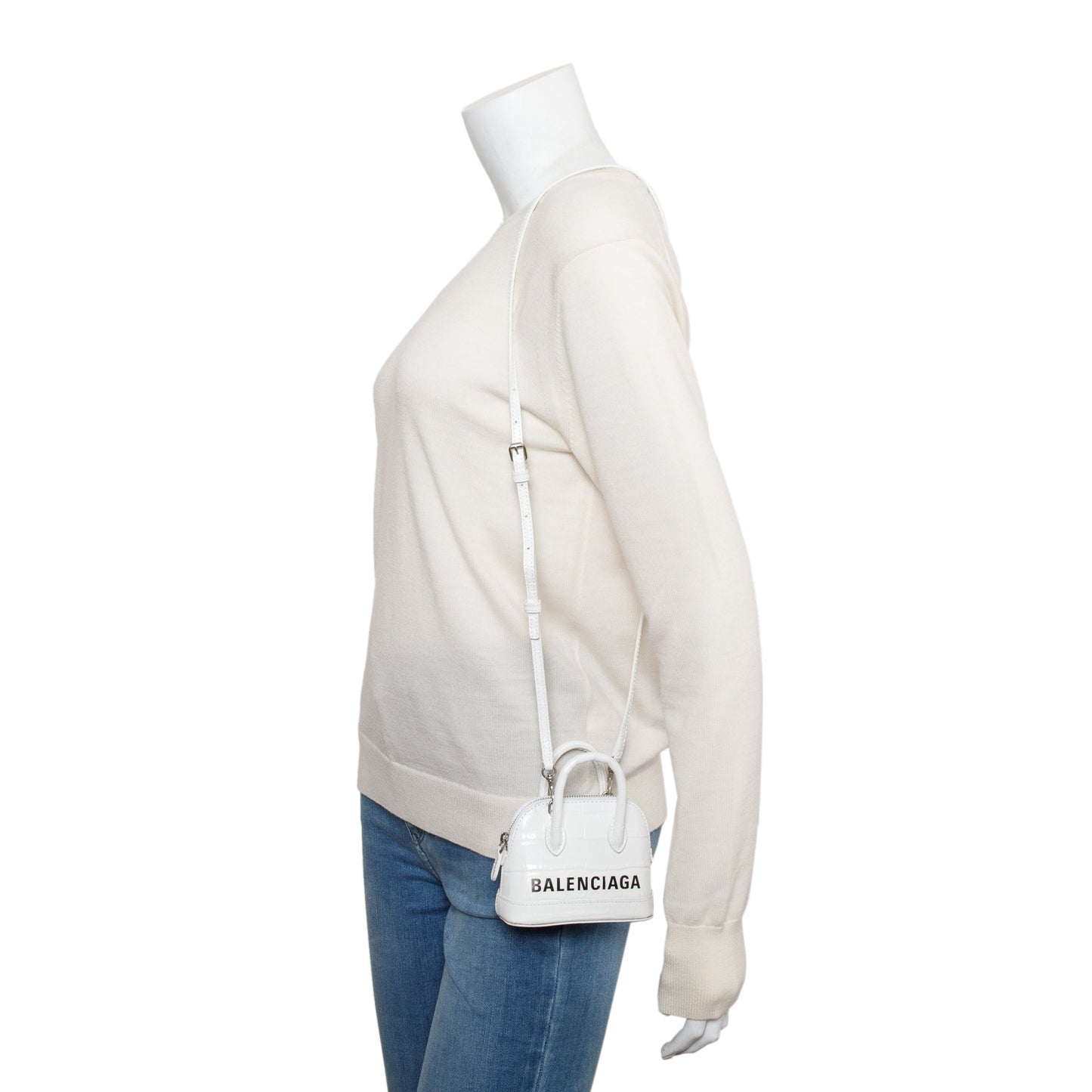 Balenciaga White Crocodile Embossed Ville Mini Top Handle Bag