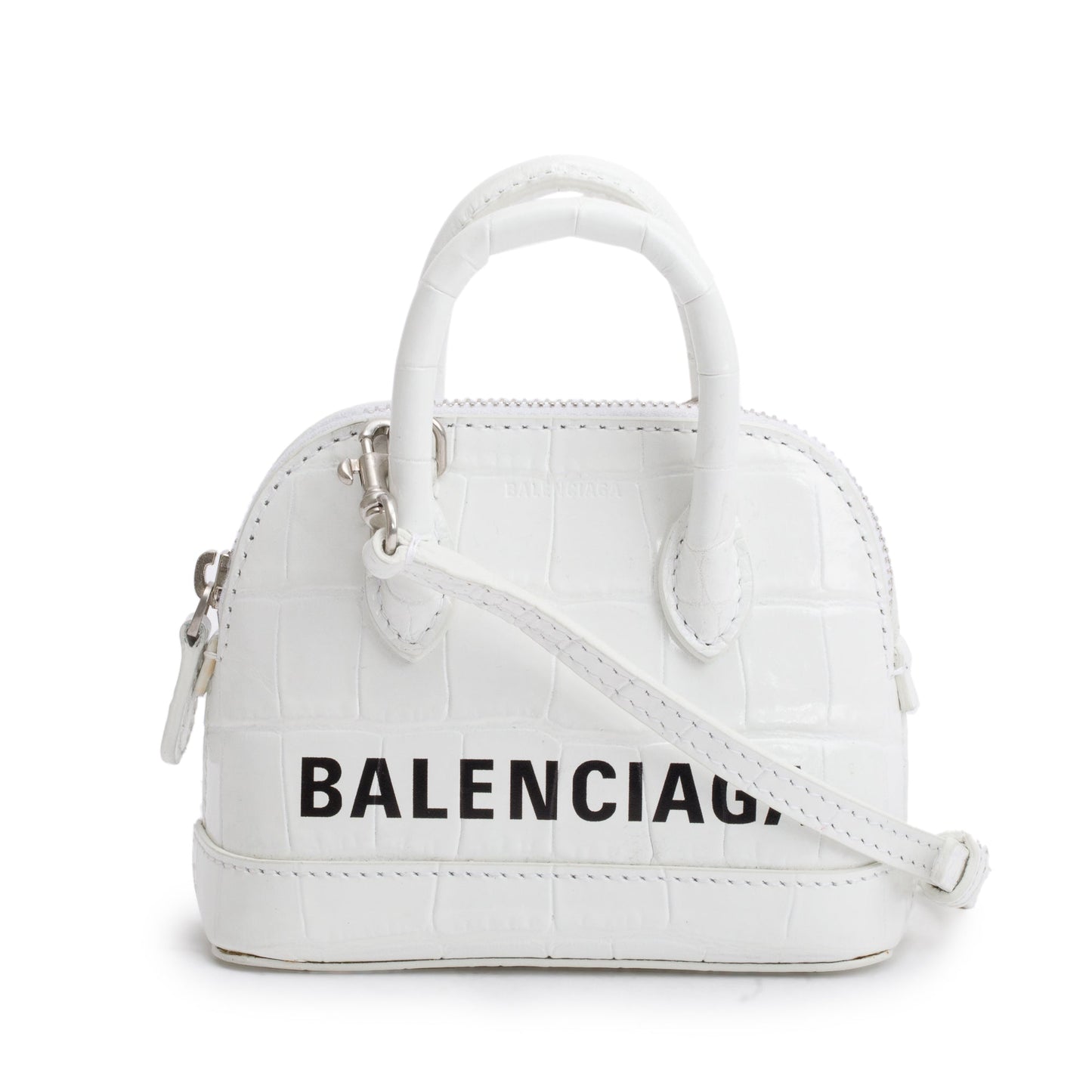 Balenciaga White Crocodile Embossed Ville Mini Top Handle Bag