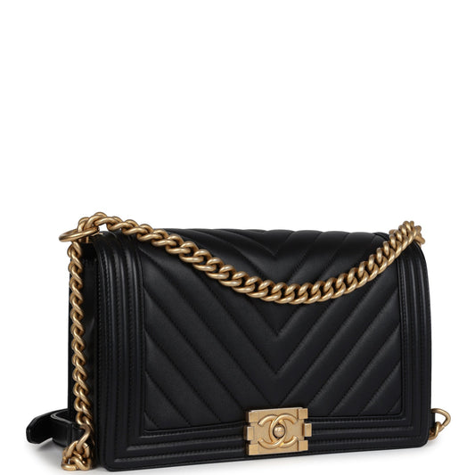 Chanel New Medium Chevron Boy Bag Black Calfskin Antique Gold Hardware