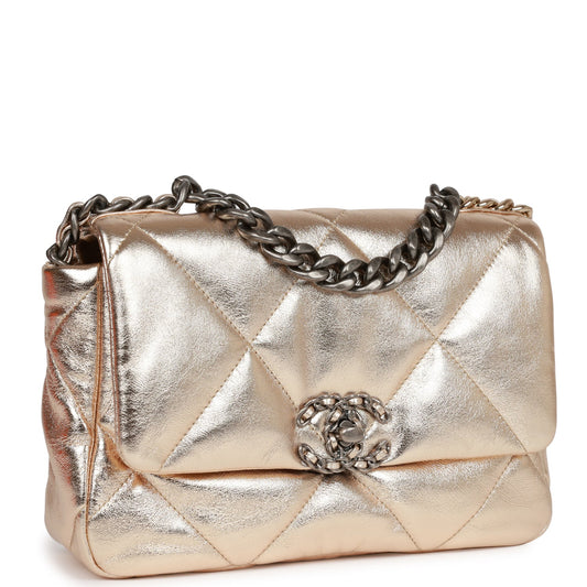Chanel Medium 19 Flap Bag Gold Metallic Lambskin Mixed Hardware