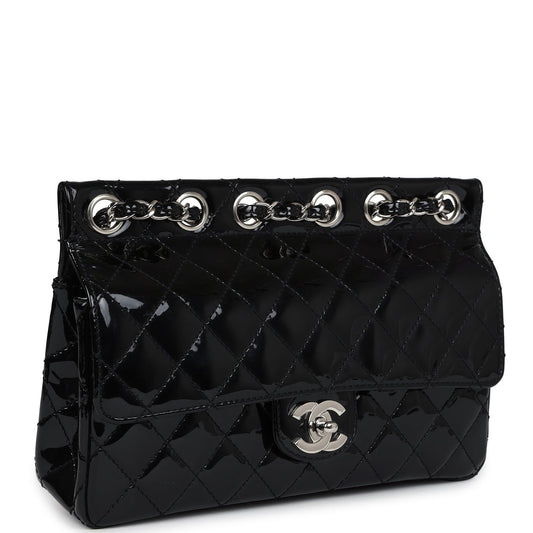 Chanel Chain Through Flap Bag Black Patent Silver Hardware