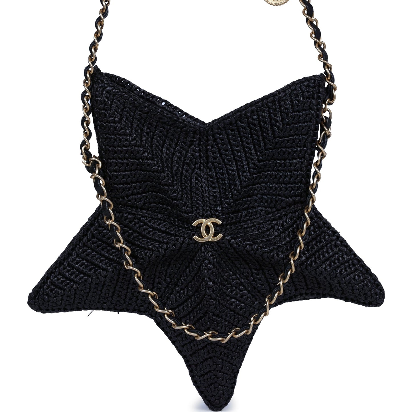 Chanel Star Coco Beach Bag Black Raffia Aged Gold Hardware