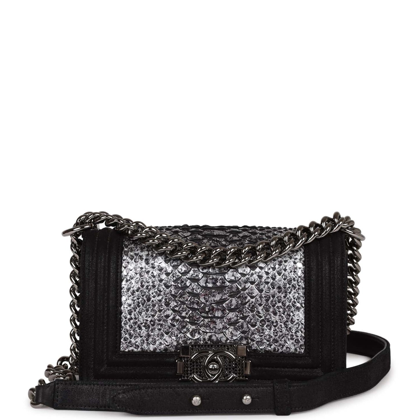 Chanel Small Boy Bag Black Suede and Silver Python Silver Hardware