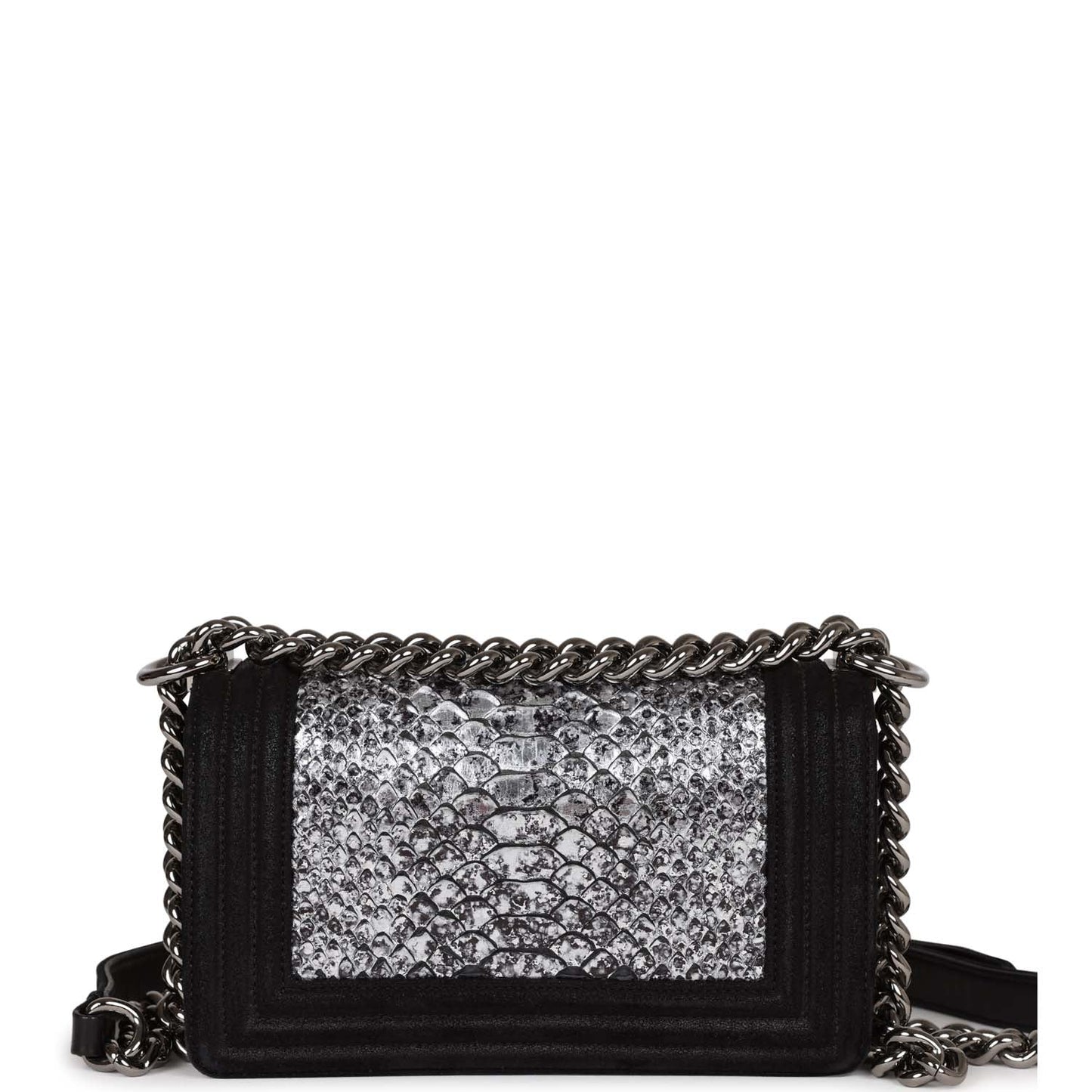 Chanel Small Boy Bag Black Suede and Silver Python Silver Hardware