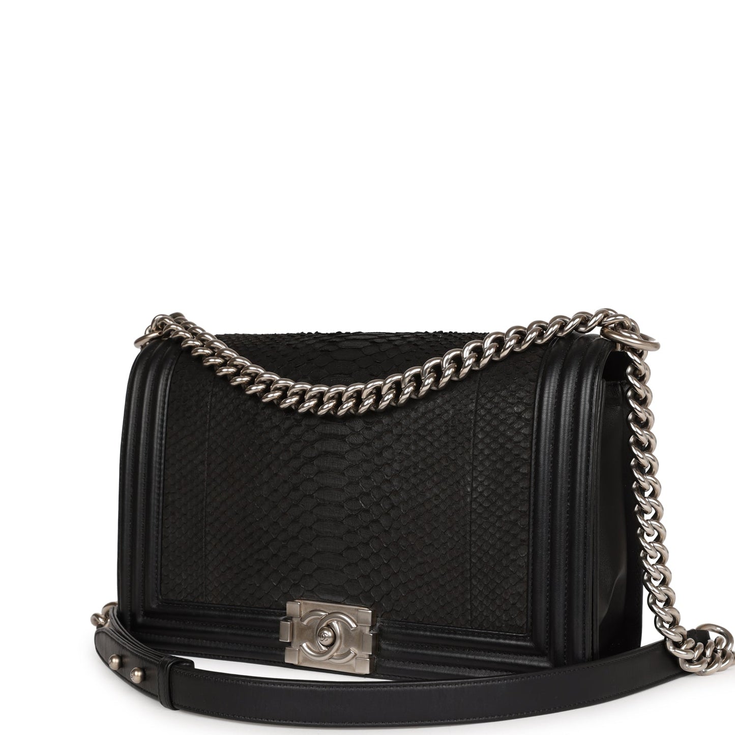 Chanel Medium Boy Bag Black Python and Lambskin Brushed Silver Hardware