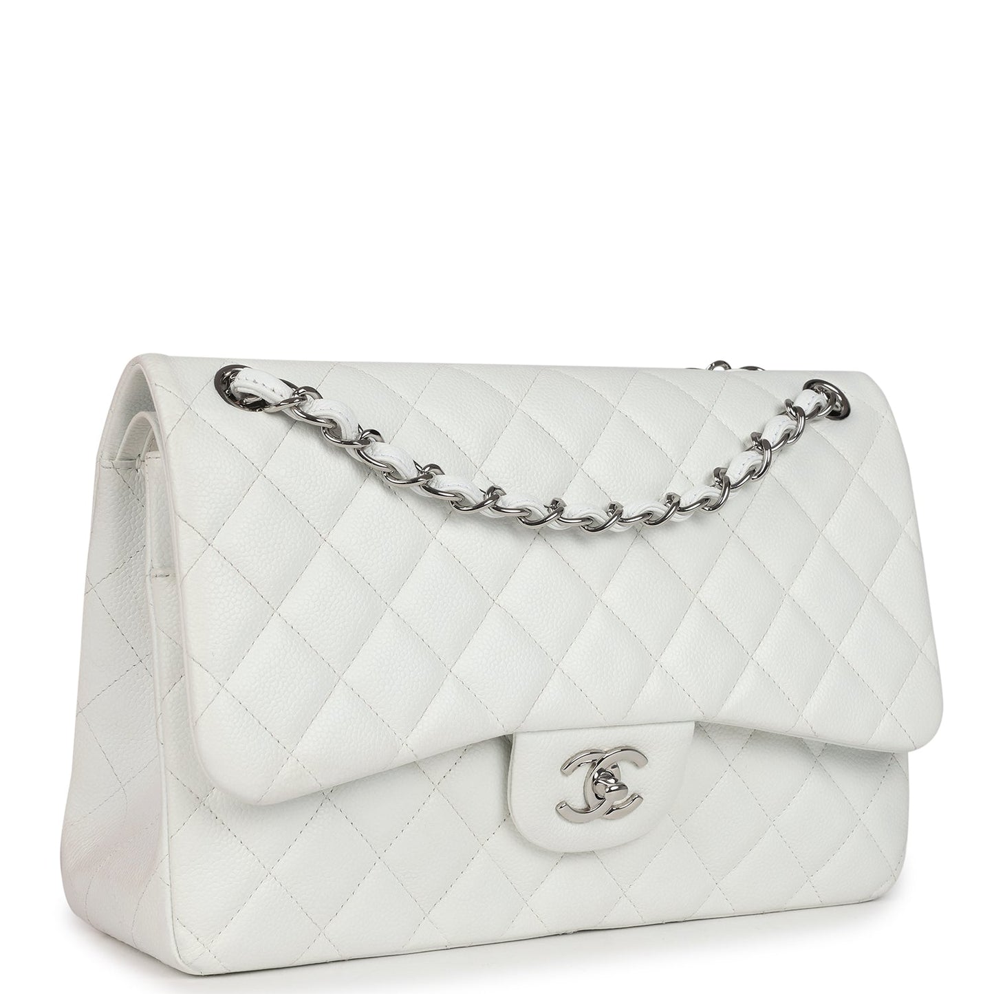 Chanel Jumbo Classic Single Flap Bag White Caviar Silver Hardware