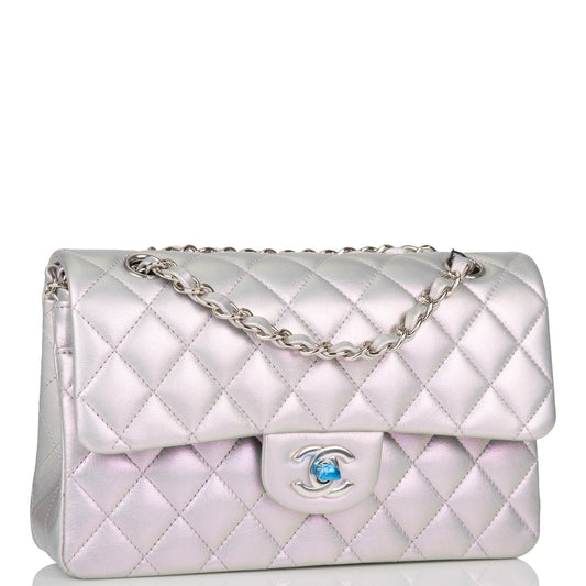 Chanel Small Classic Double Flap Bag Purple Iridescent Lambskin Silver Hardware