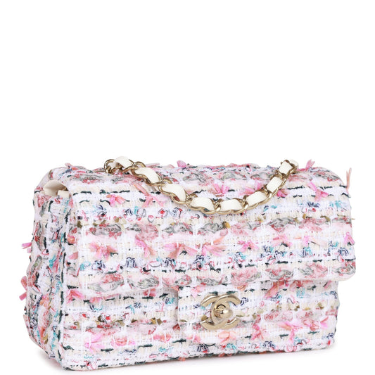 Chanel Mini Rectangular Flap Bag White Tweed Light Gold Hardware
