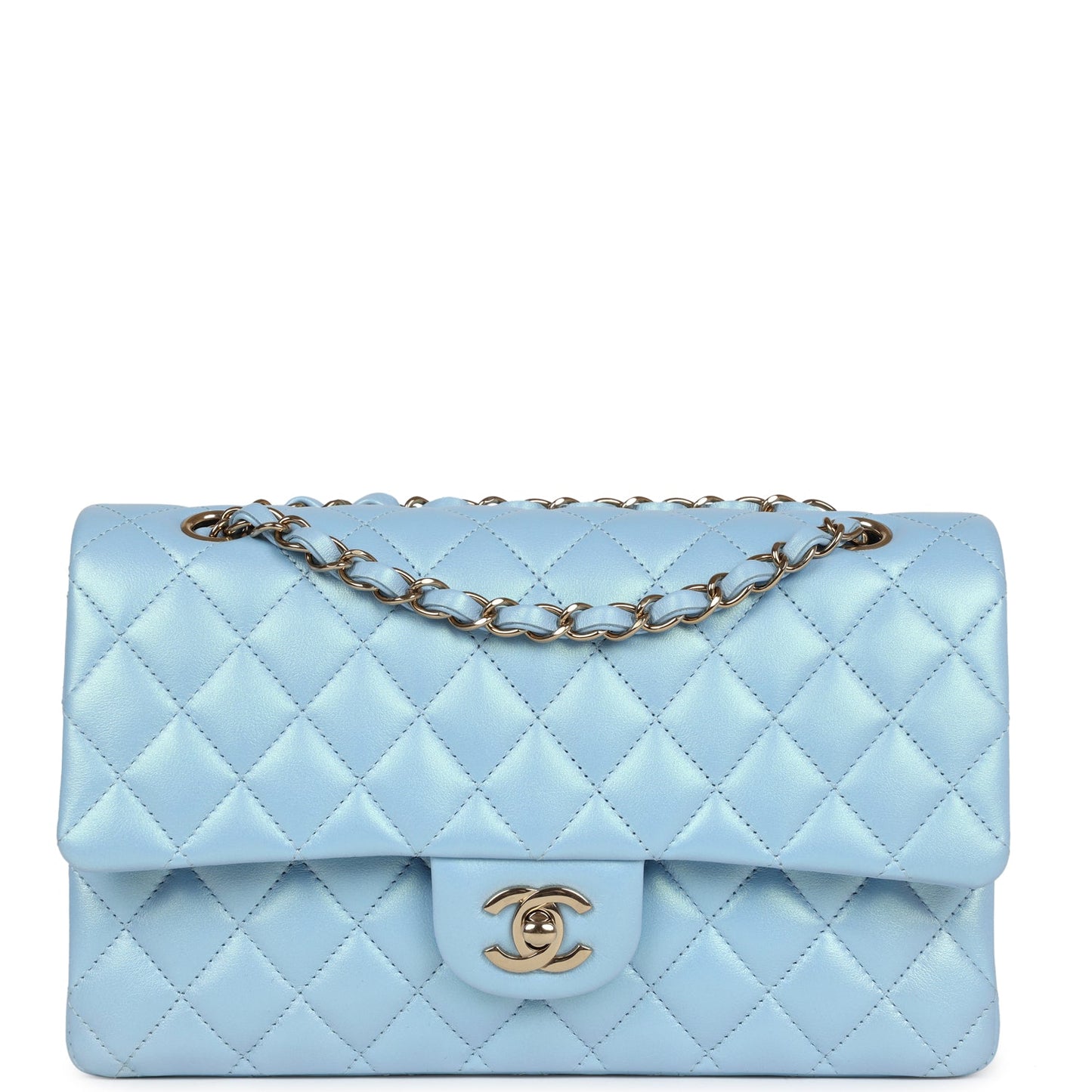 Chanel Medium Classic Double Flap Bag Blue Iridescent Calfskin Gold Hardware