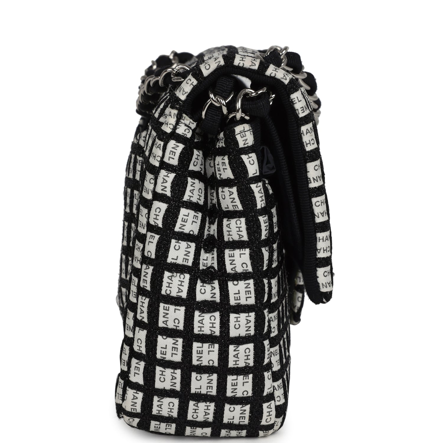 Chanel Medium Logo Ribbon Classic Double Flap Bag White and Black Canvas and Tweed Silver Hardware