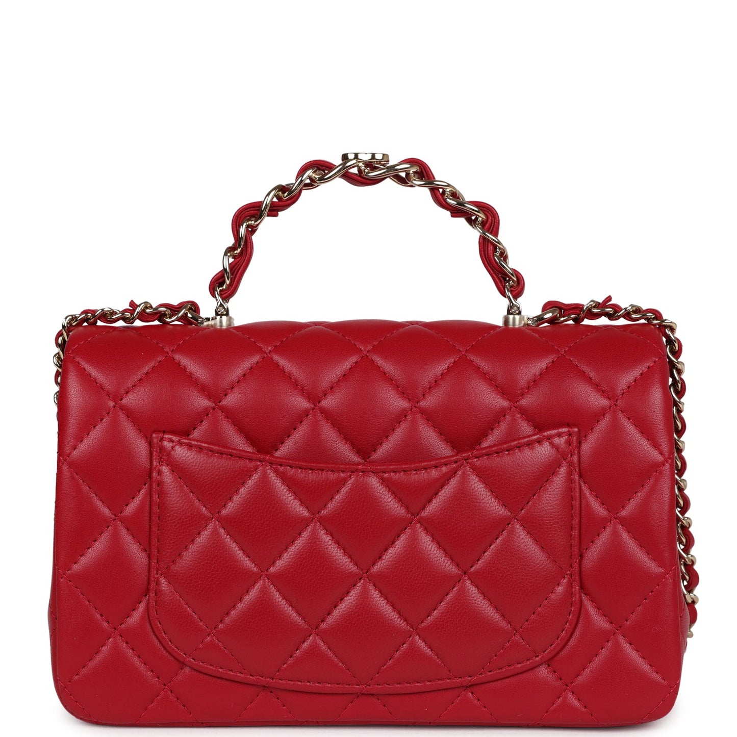 Chanel Mini Rectangular Flap Bag with Interwoven Top Handle Red Lambskin Light Gold Hardware