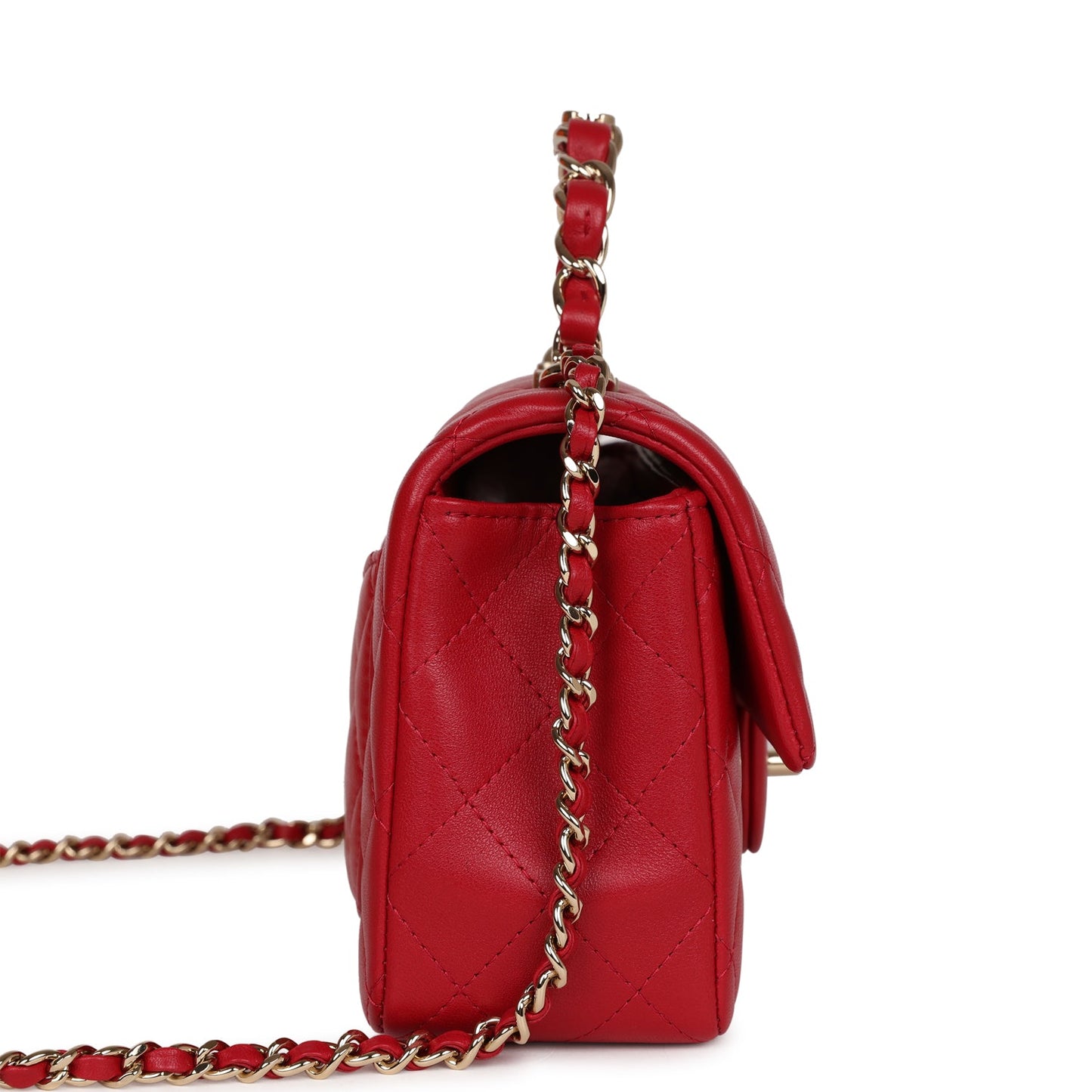 Chanel Mini Rectangular Flap with Top Handle Red Lambskin Light Gold Hardware
