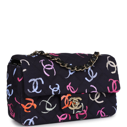 Chanel Mini Rectangular Flap Bag Navy Multicolored Printed Fabric Gold Hardware