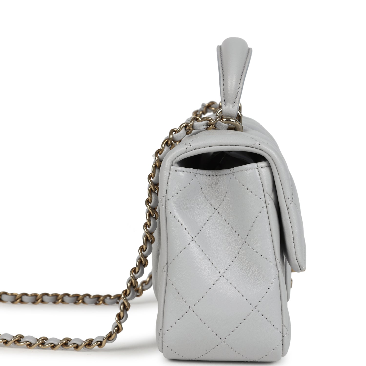 Chanel Mini Rectangular Flap Bag with Top Handle Light Grey Lambskin Light Gold Hardware