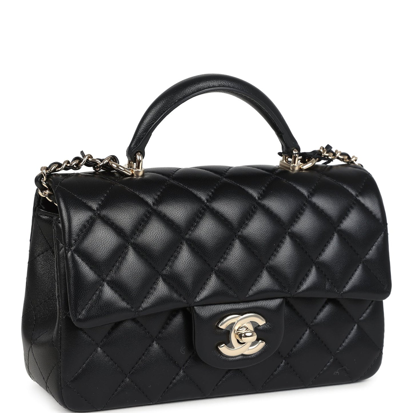 Chanel Mini Rectangular Top Handle Flap Bag Black Lambskin Light Gold Hardware