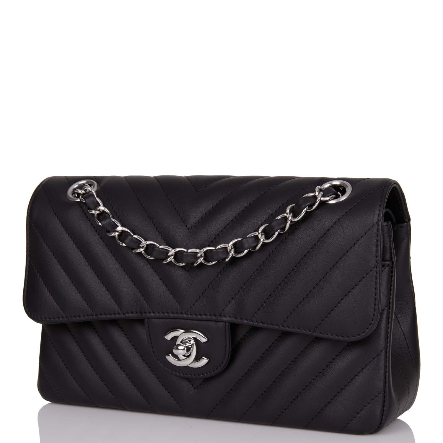 Chanel Small Chevron Classic Double Flap Black Calfskin Silver Hardware