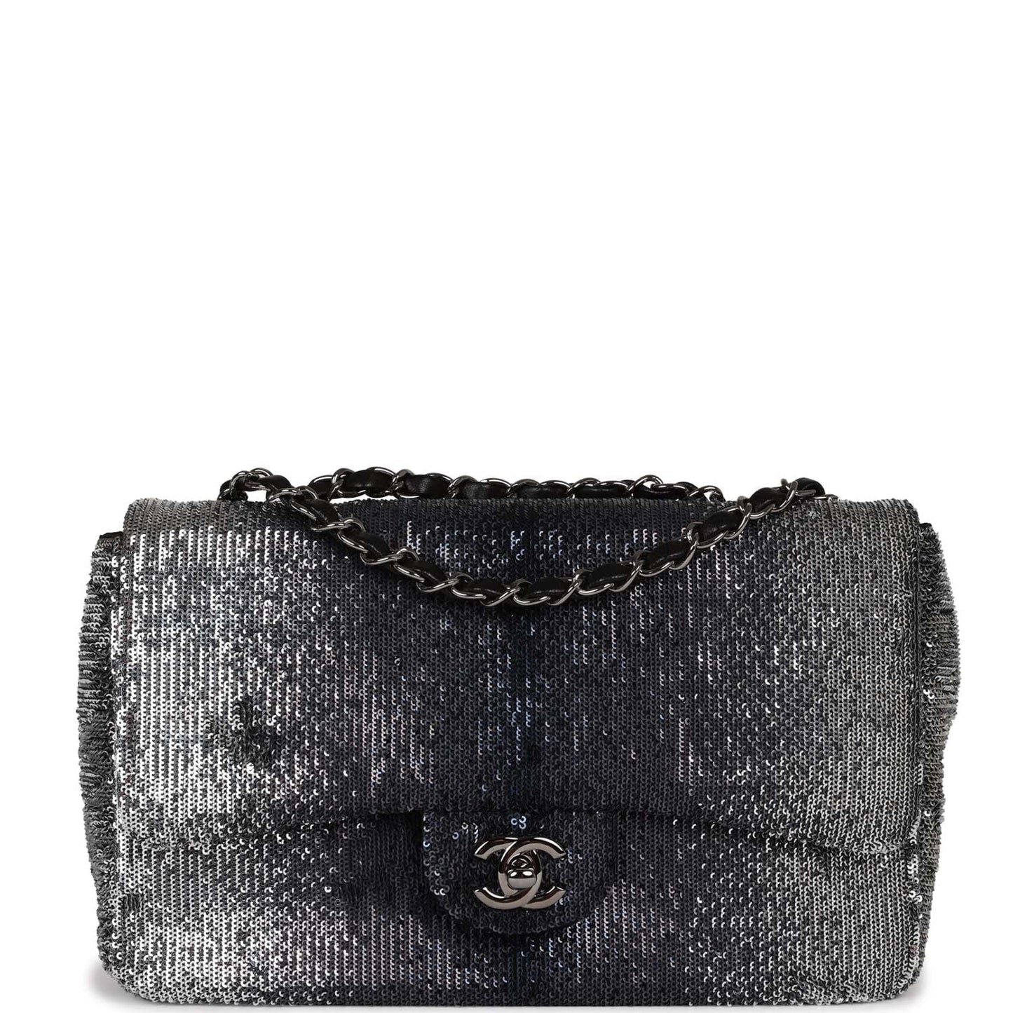 Chanel Small Classic Flap Bag Black and Silver Sequins Silver Hardware