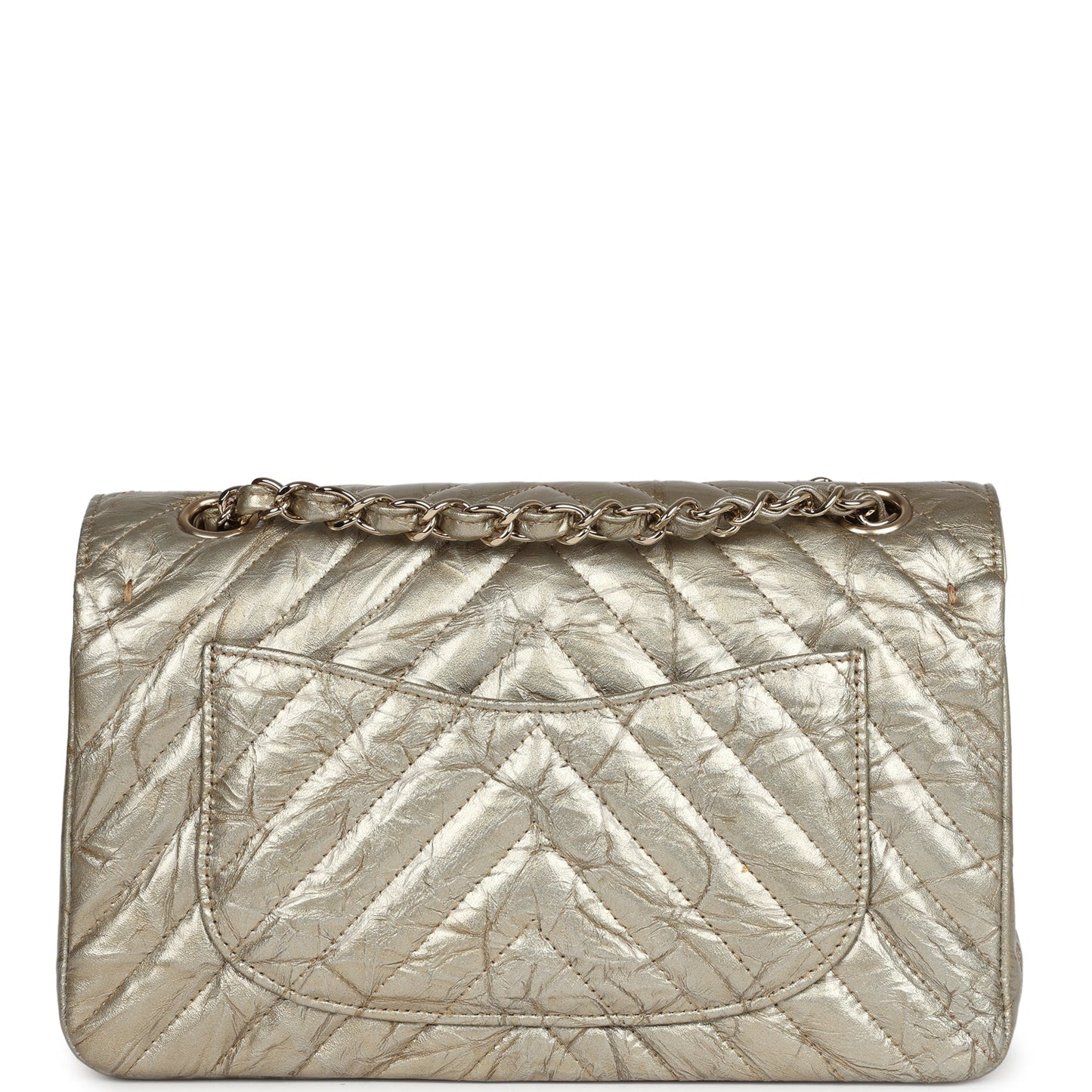 Chanel Small Chevron Double Flap Bag Gold Metallic Patent Aged Calfskin Light Gold Hardware