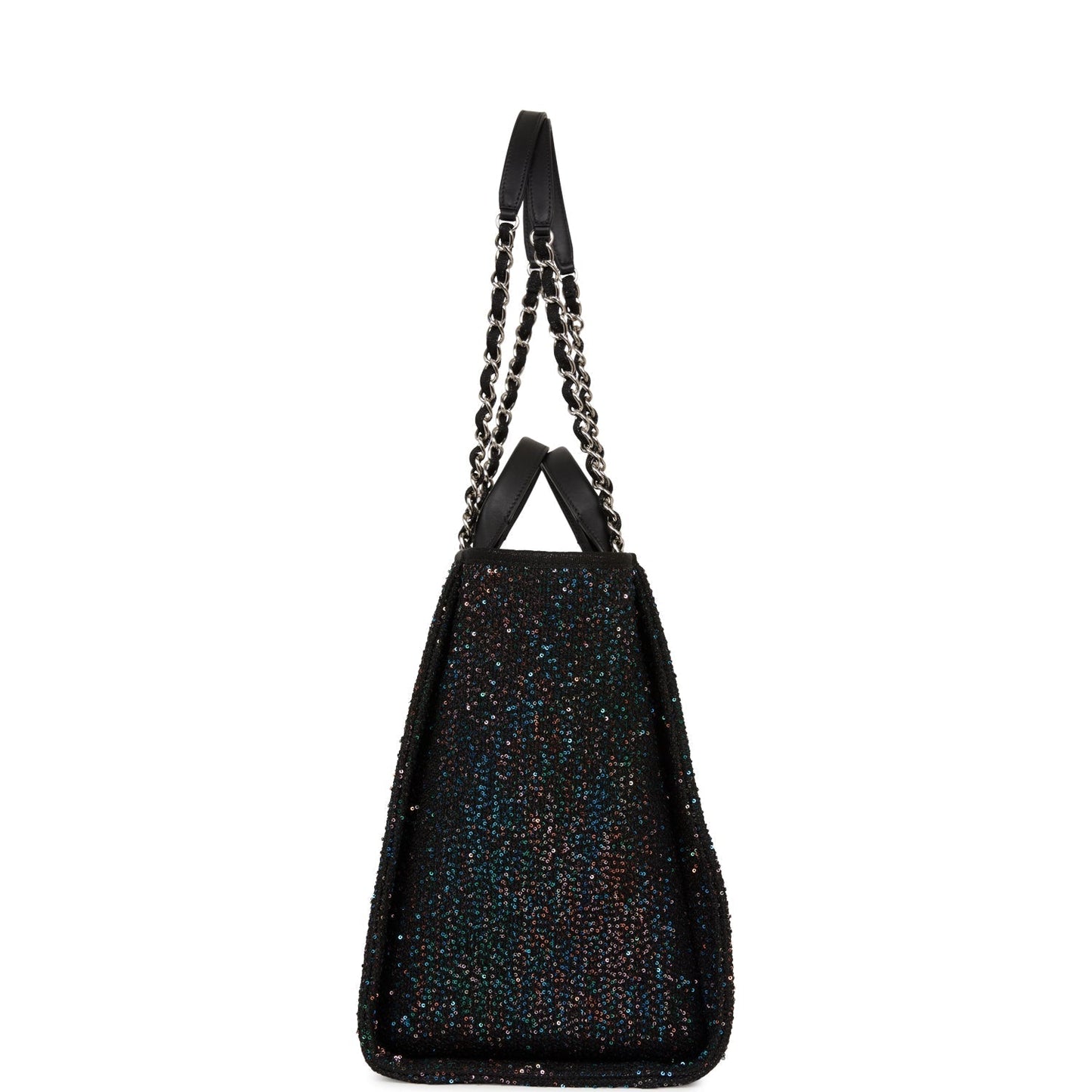 Chanel Large Deauville Shopping Bag Black Sequin Boucle Silver Hardware