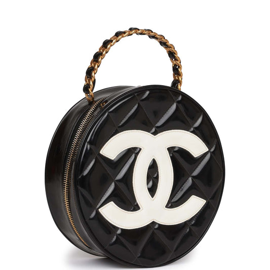 Chanel Round Vanity Bag Black and White Patent Leather Antique Gold Hardware