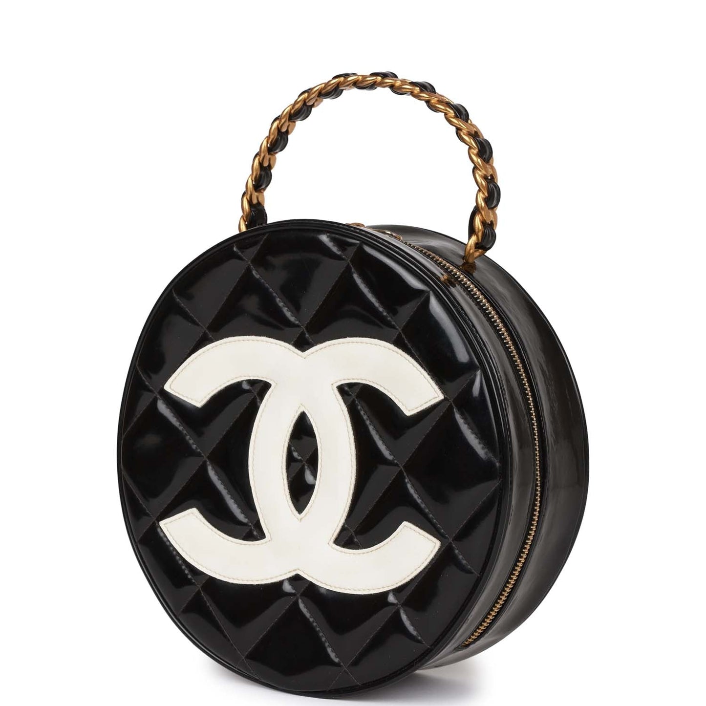 Chanel Round Vanity Bag Black and White Patent Leather Antique Gold Hardware