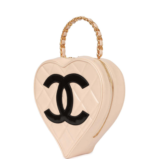 Chanel Heart Vanity Bag Beige and Black Patent Antique Gold Hardware