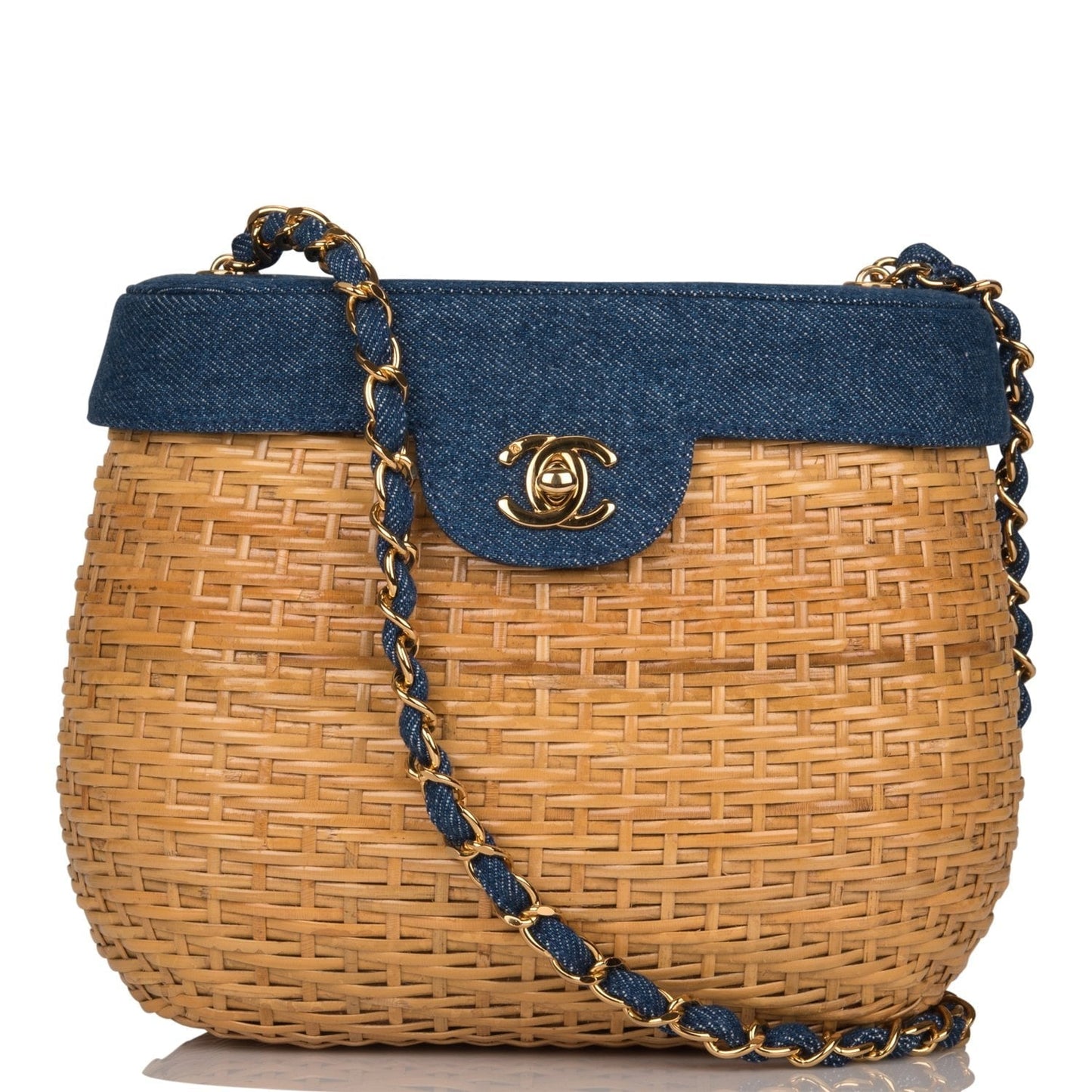 Chanel Basket Bag Denim and Wicker Gold Hardware