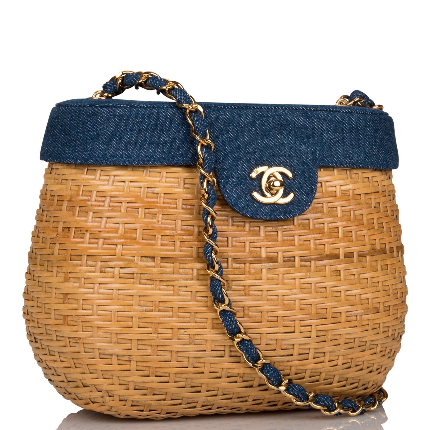 Chanel Basket Bag Denim and Wicker Gold Hardware