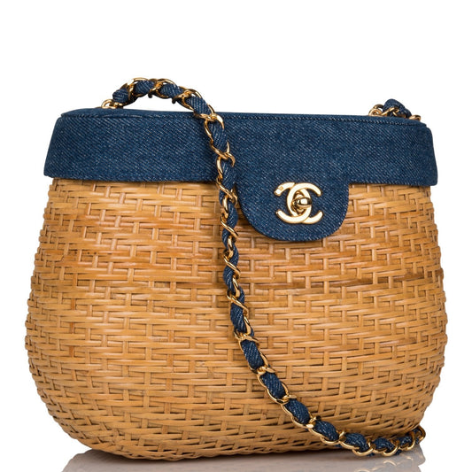 Chanel Basket Bag Denim and Wicker Gold Hardware