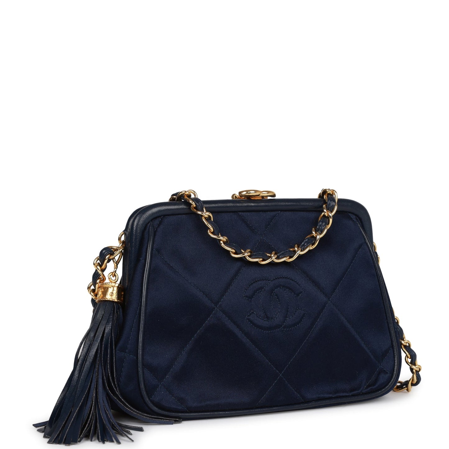 Chanel Frame Tassel Bag Navy Satin Gold Hardware