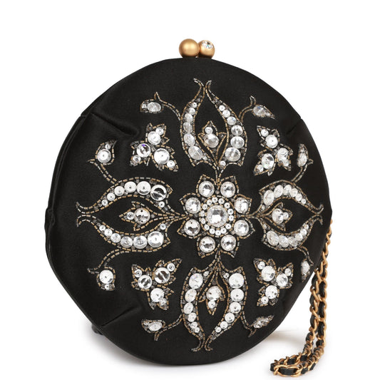 Chanel Clutch Bag Black Satin Embellished Antique Gold Hardware