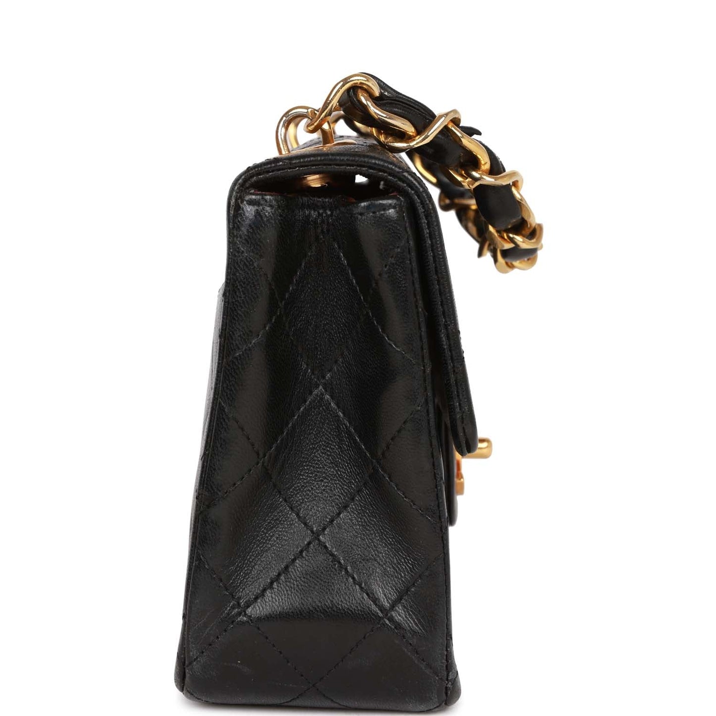 Chanel Mini Flap Chain Handle Bag Black Lambskin Gold Hardware