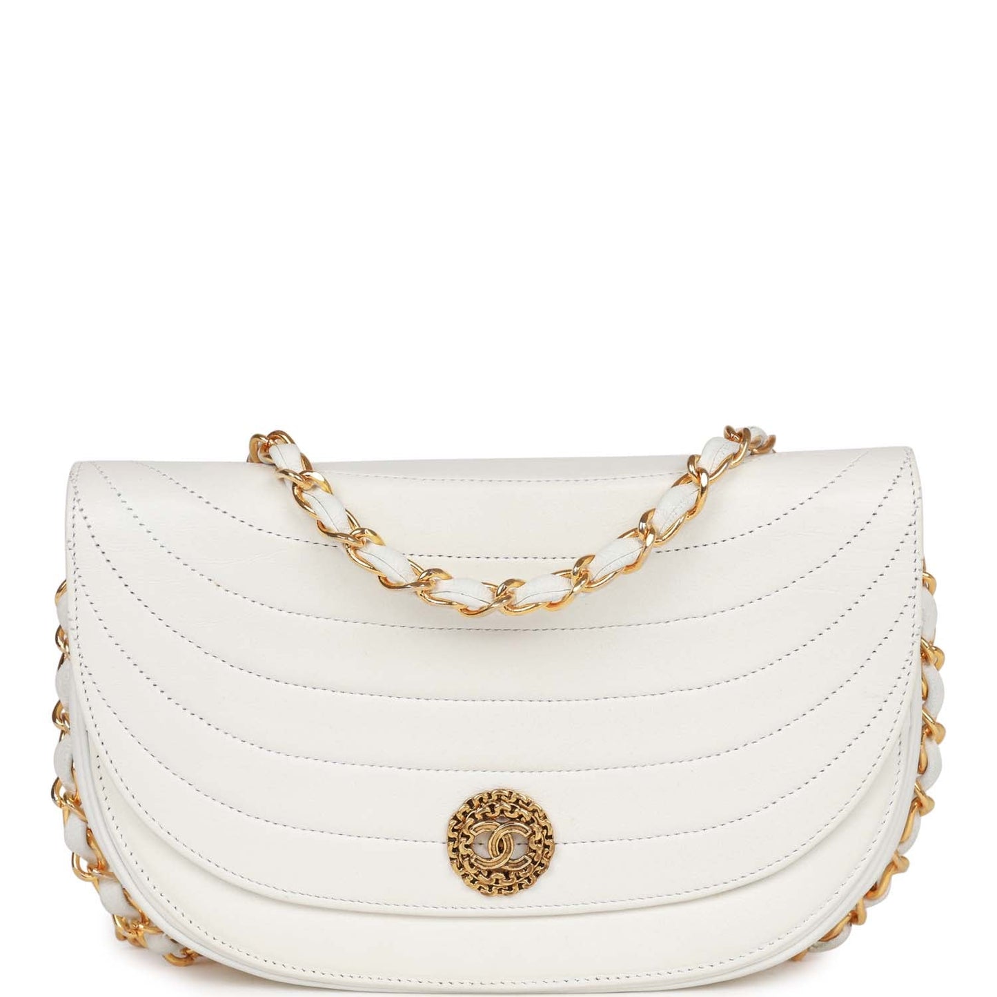 Chanel Half Moon Shoulder Bag White Lambskin Gold Hardware