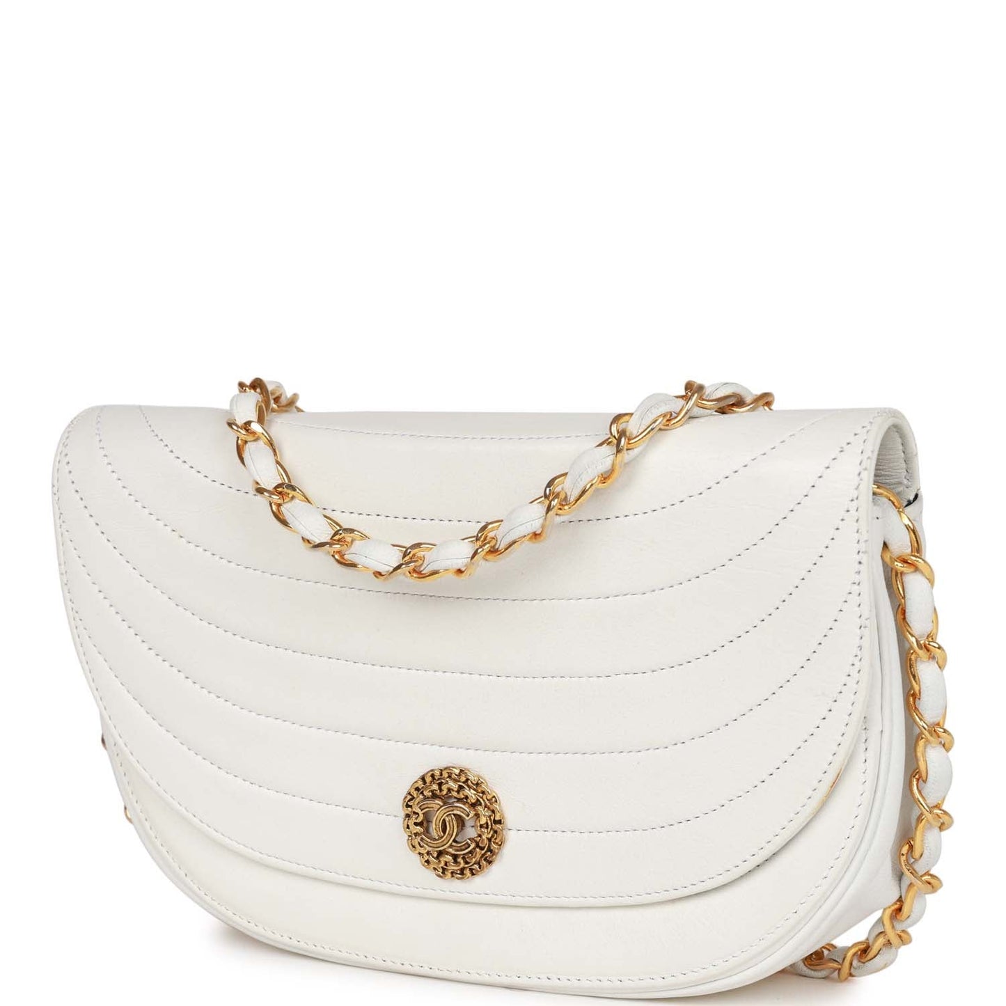 Chanel Half Moon Shoulder Bag White Lambskin Gold Hardware