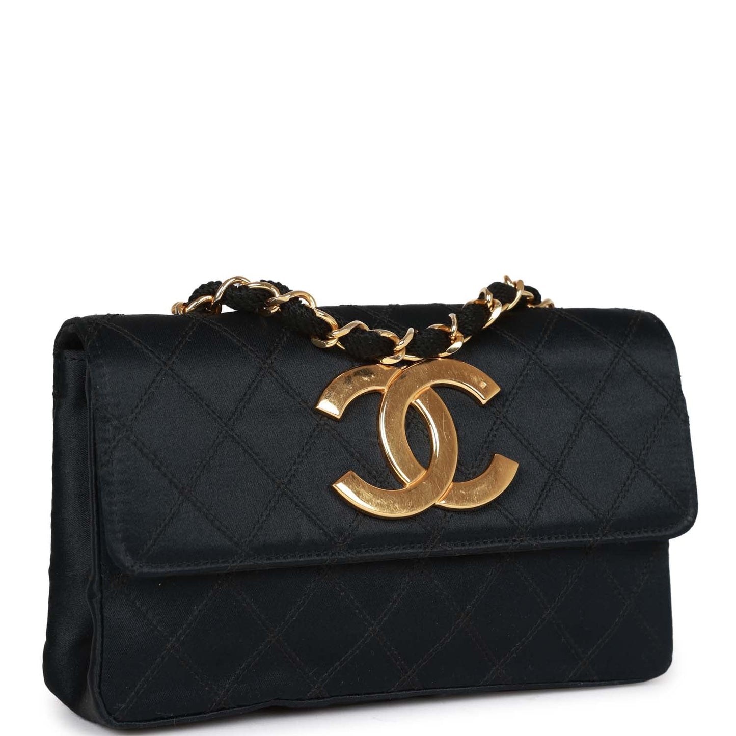 Chanel CC Shoulder Flap Bag Black Satin Gold Hardware