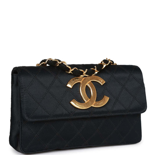 Chanel CC Shoulder Flap Bag Black Satin Gold Hardware