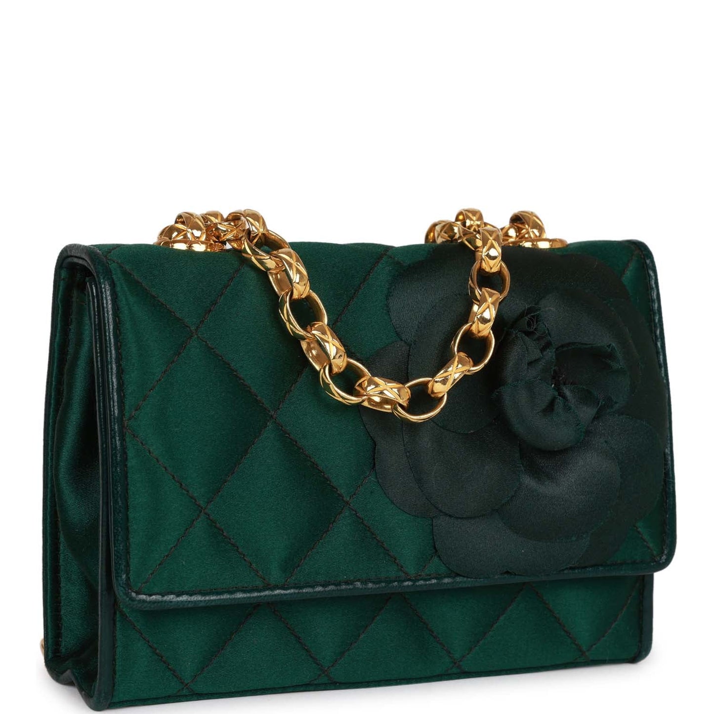 Chanel Mini Camellia Flap Bag Green Satin Gold Hardware
