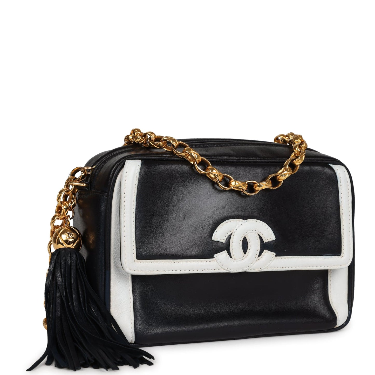 Chanel Fringe Chain Camera Bag Navy and White Lambskin Gold Hardware