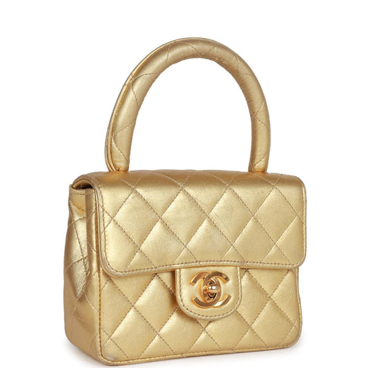 Chanel Mini Top Handle Kelly Child Flap Bag Gold Metallic Lambskin Gold Hardware