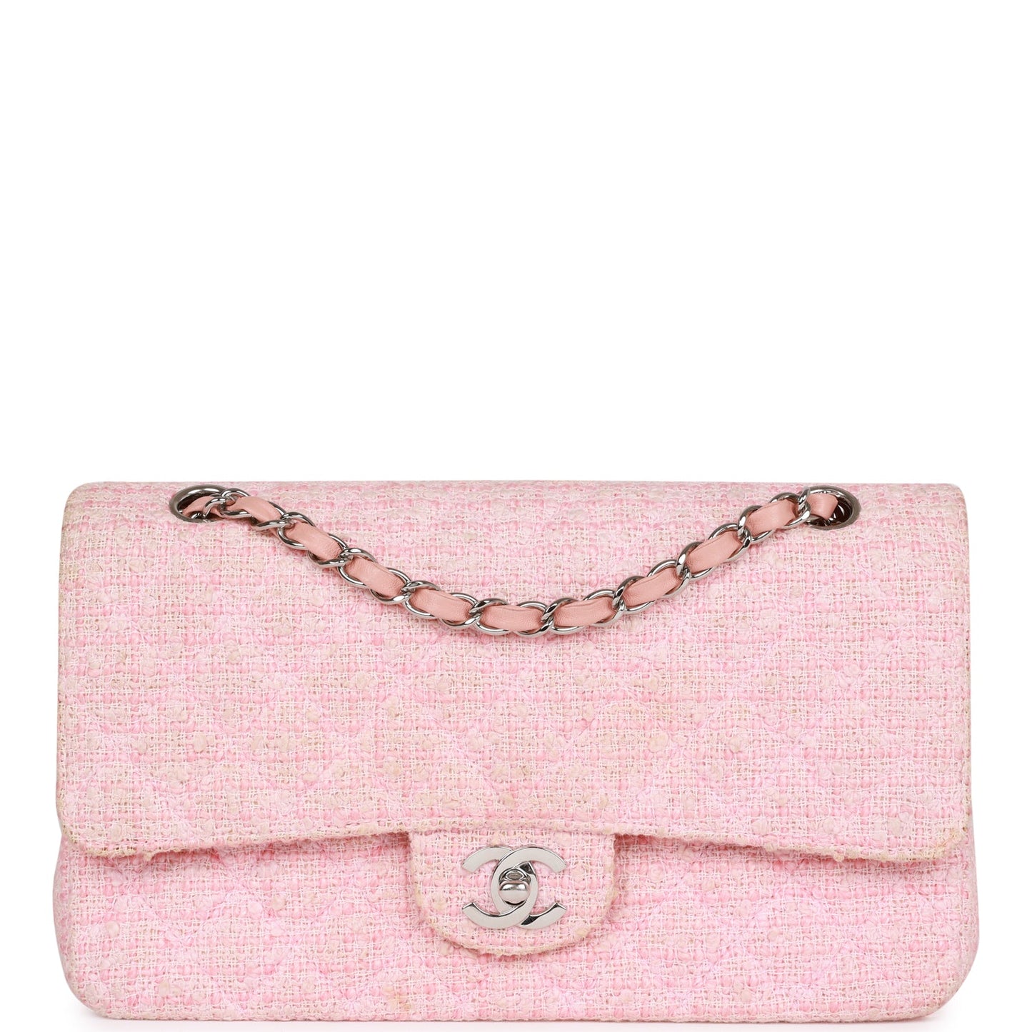 Chanel Medium Classic Double Flap Bag Pink Tweed Silver Hardware