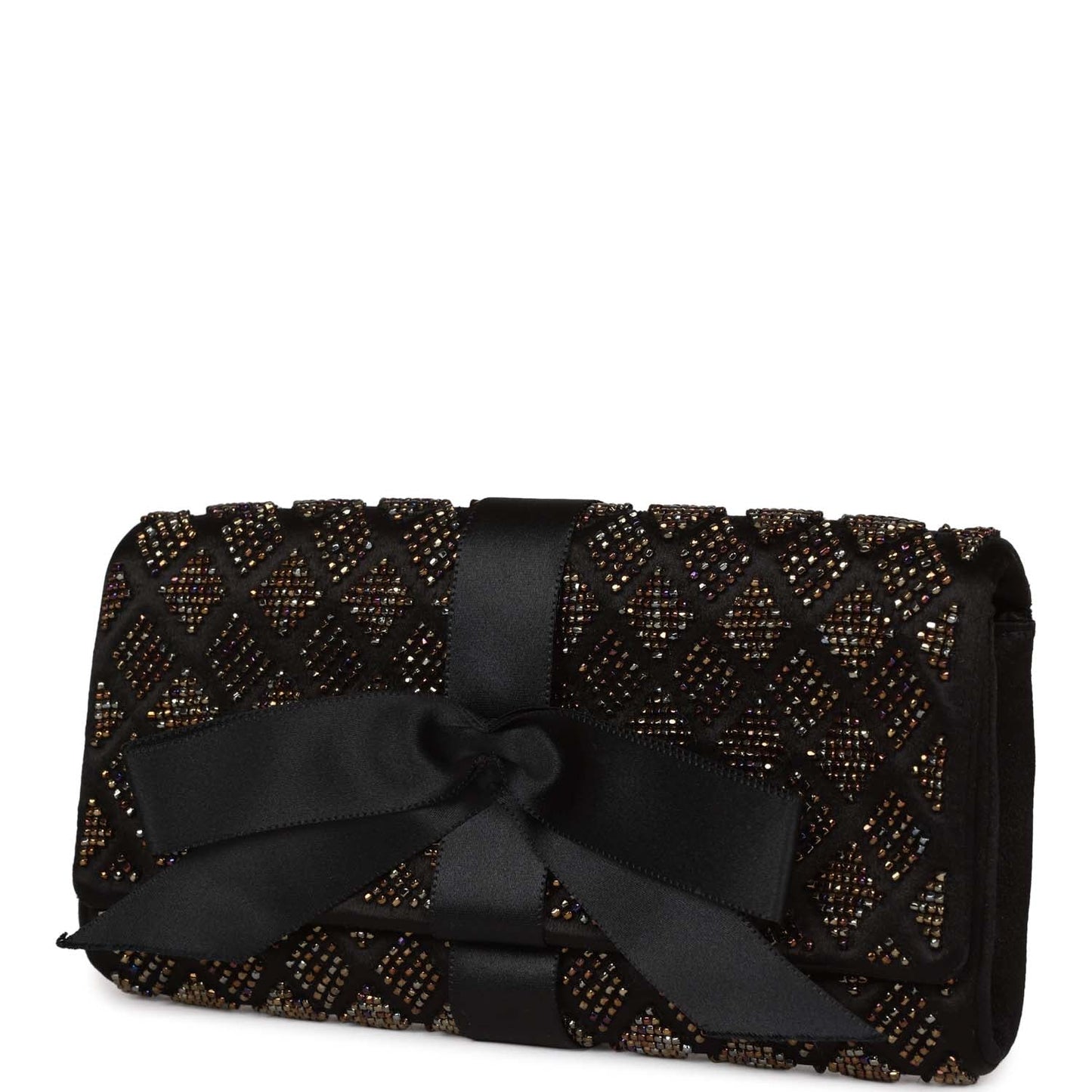 Chanel Bead Embellished Bow Flap Clutch Black Satin