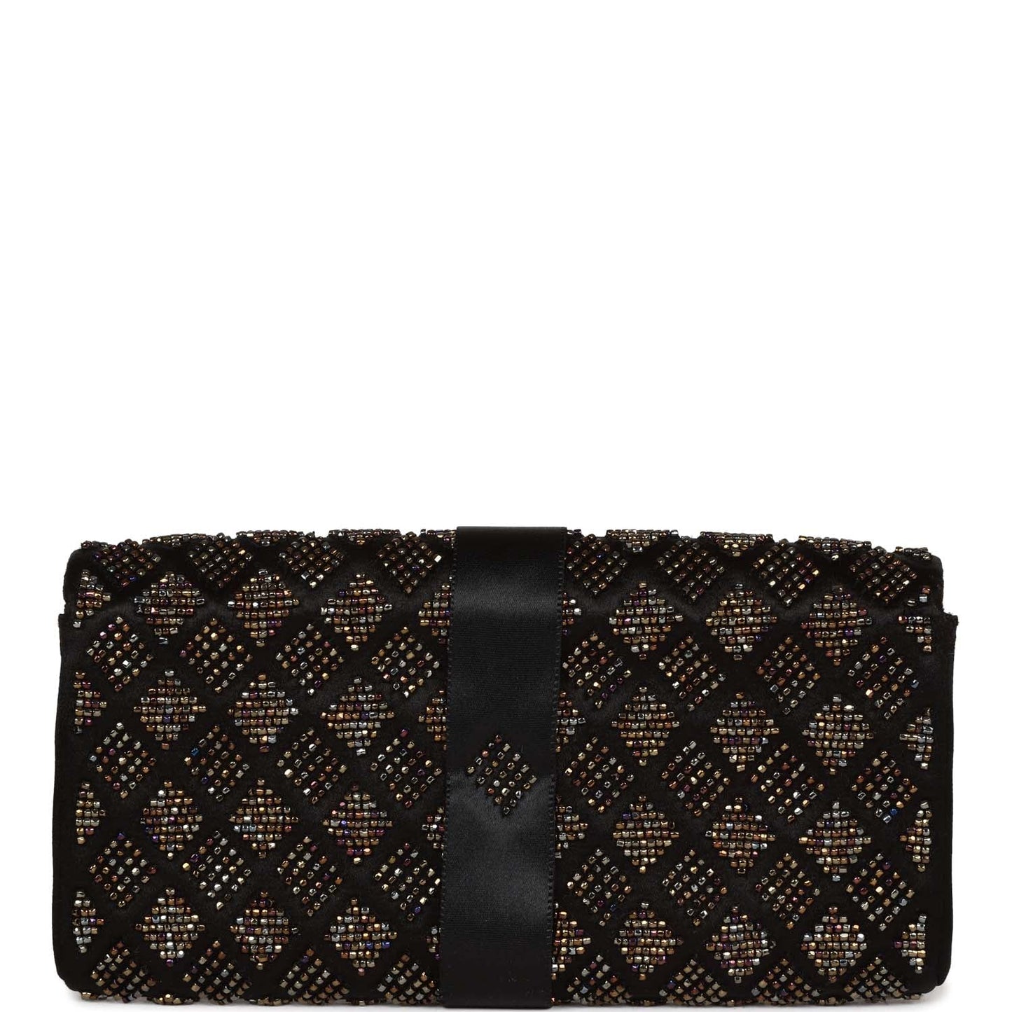 Chanel Bead Embellished Bow Flap Clutch Black Satin