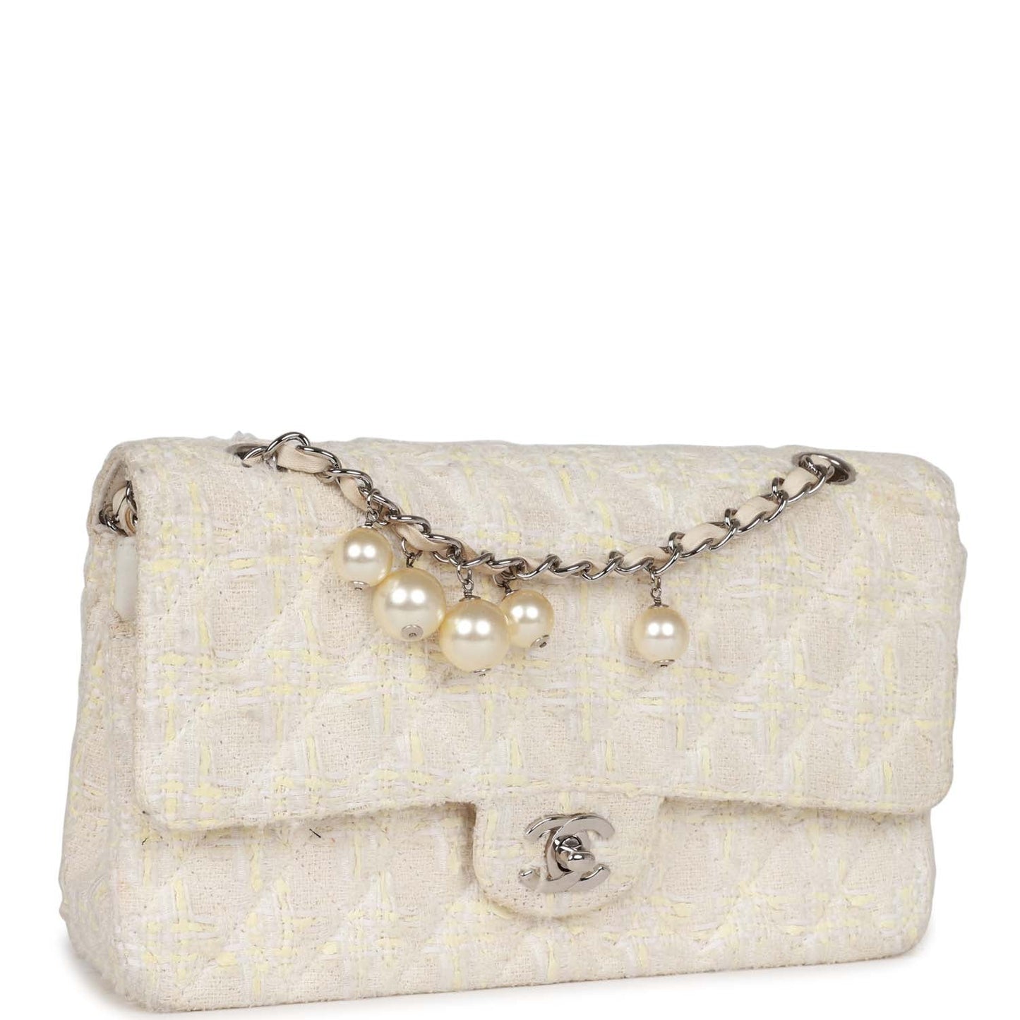 Chanel Medium Double Flap Bag White Tweed Silver Hardware